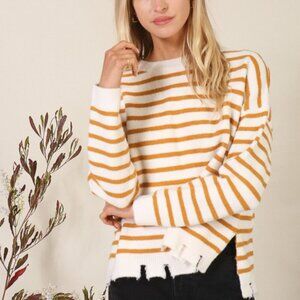 LUMIERE White Mustard Yellow Striped Distressed Hem Sweater, Boutique Casual